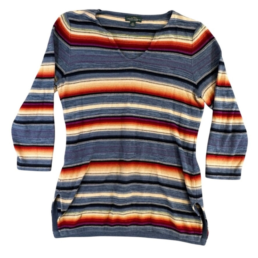 Lauren Ralph Lauren Jeans Co Striped V-Neck Cotton Sweater Blue Multi Color M